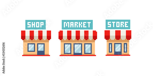 Pixel Art Store icon in 8-bit retro game style. Pixel shop icon. Web Store and Marketplace icon or logo isolated sign. Hi-quality editable vector
