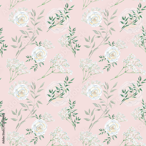 Wallpaper Mural Seamless pattern with white roses, gypsophila and pistachio branches. Vintage style. Watercolor illustration. Can be used for wedding prints, gift wrapping paper, backgrounds for Valentine's day and Torontodigital.ca