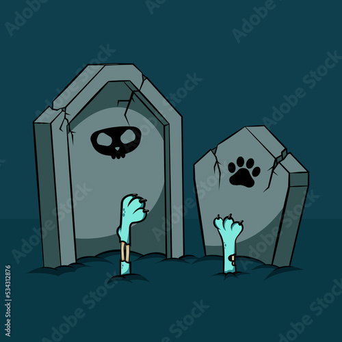 Ilustración de tumbas de gatos zombies. Caricatura para halloween con patas de gato