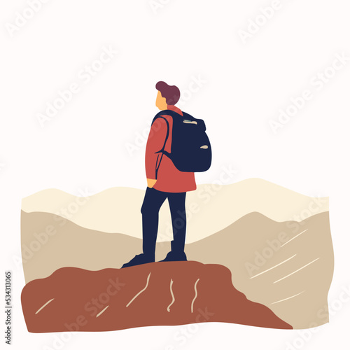 Explorer expedition standing on top of mountain or cliff. Traveler went for a long walk with his backpack looking at the touristic landscape. Vector illustration for nature, trekking, tourism topics.