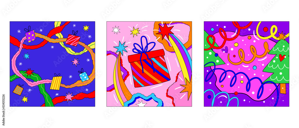Collection of vector square Christmas funky vibrant holiday postcard. Crazy Christmas party interior poster with Christmas decorative elements. Funcy colorful retro card 1970 vibes