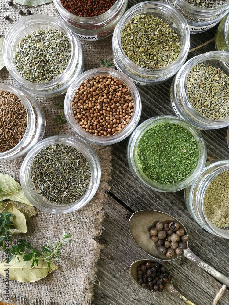 Healing herbs on wooden table. Healing herbs on wooden table.