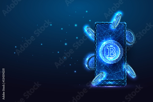 Concept of bitcoin online payment, cryptocurrency transfer. Futuristic glowing low polygonal style