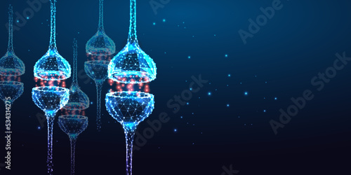 Neuron synapses, synaptic transmissions in human brain in futuristic glowing style on dark blue 