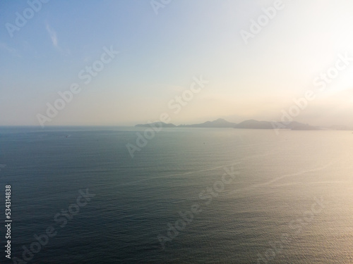 Aerial view of the beach of the city of Santos, Brazil. Beautiful landscape view at sunset