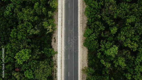 Cinematic aerial top down view of the empty road between green forest. Drone slow motion shot of the road in the forest.