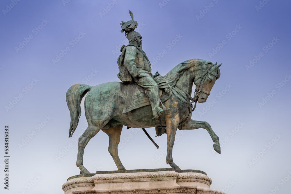 Close Up of the Bronze Statue of the Italian King Called Vittorio Emanuele II Riding Horse in Uniform in the Centre of the Monument Called Vittoriano in Rome Close Up of the Bronze Statue of the Italian King Called Vittorio Emanuele II Riding Horse in Uniform in the Centre of the Monument Called Vittoriano in Rome