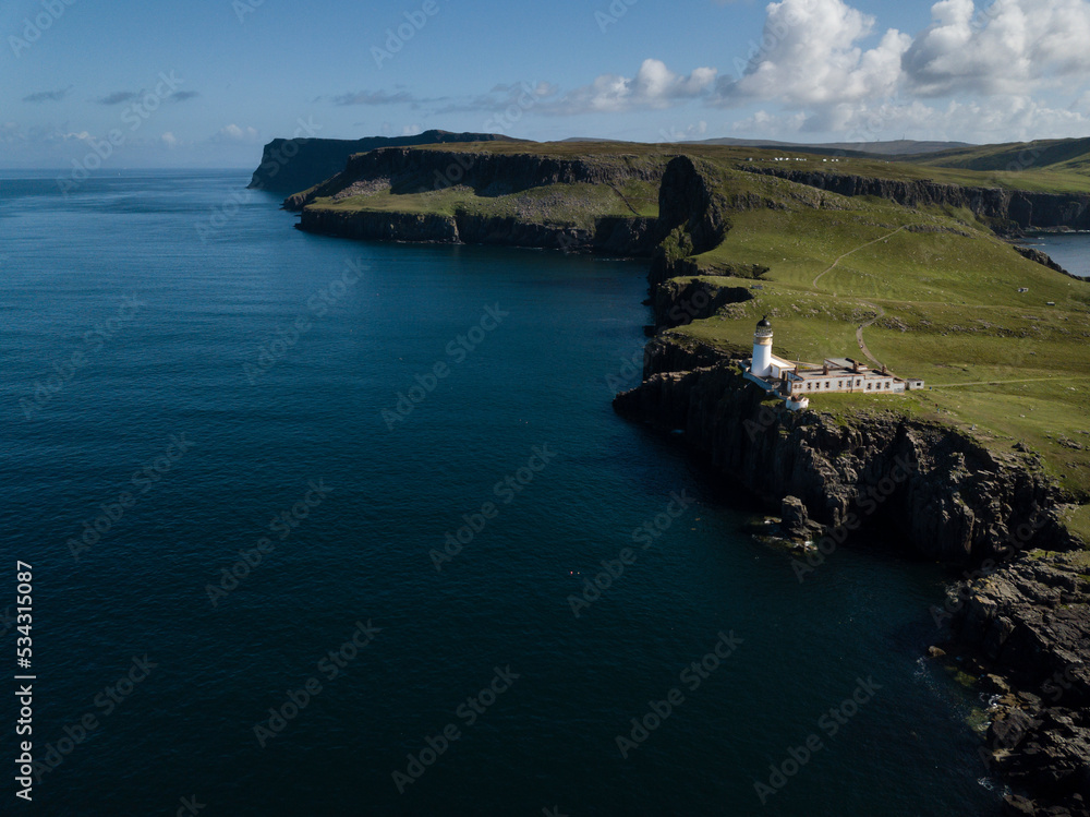 Aerial view of Neist Point Lighthouse on the Isle of Skye in Scotland