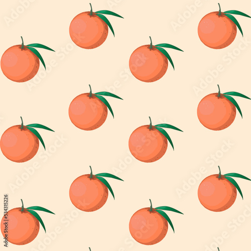 Seamless pattern with orange tangerines and green leaves. Design for print, wedding, backdrop, wallpaper. Vector illustration