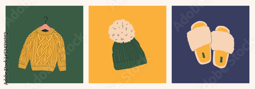 Knitted sweater, hat with pompom, cozy slippers. Set of autumn design elements. Vector flat isolated illustrations.