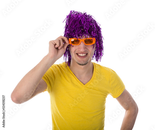 Man with orange glasses and purple wig isolated on transparent background
