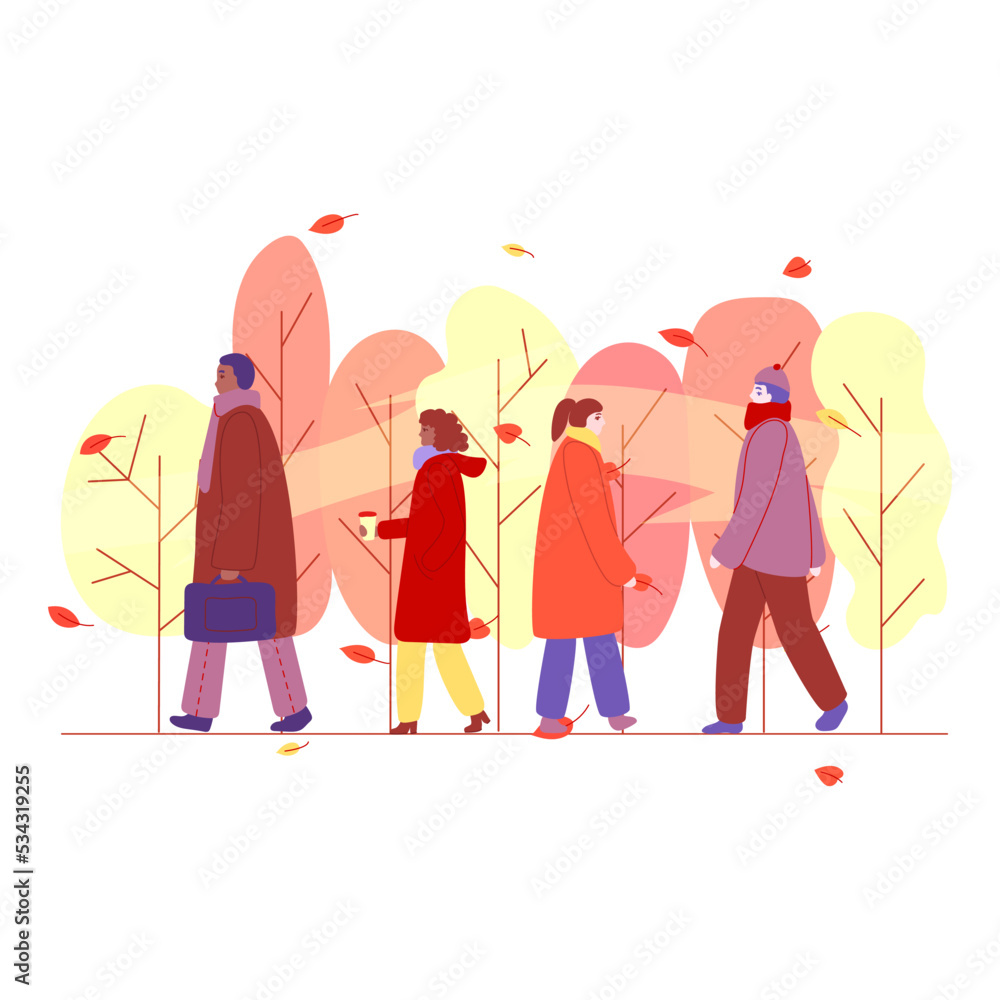 Autumn, people in warm clothes go to work, men and women, with coffee, bag, autumn colors, leaves, trees Autumn, people in warm clothes go to work, men and women, with coffee, bag, autumn colors, leaves, trees