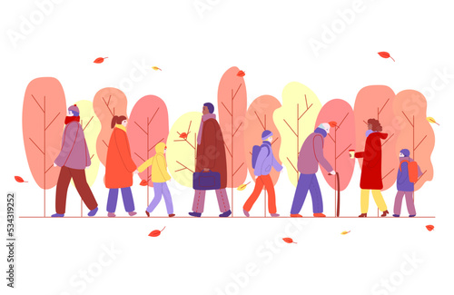 People in warm clothes walk on the street, autumn, leaves, deer, children, men, women, grandfather with a cane