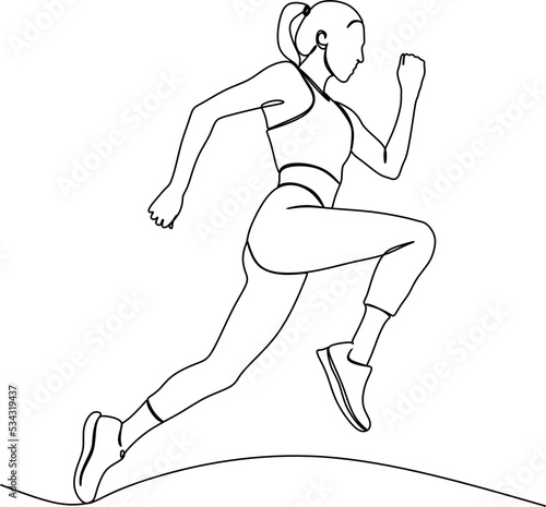One continuous line drawing of young female athlete runner focus sprint run. Individual sport, competitive concept. Dynamic single line hand drawn vector illustration for running poster