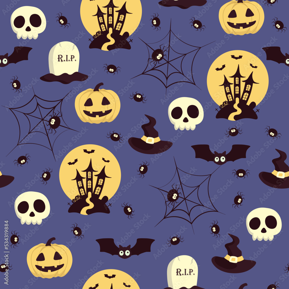 Vector Halloween pattern with grave,bat,skull,Halloween pumpkin,witch hat,spider and web, castle.Use for event invitation,discount voucher,advertising,greeting card,logo,packaging,textile,web.