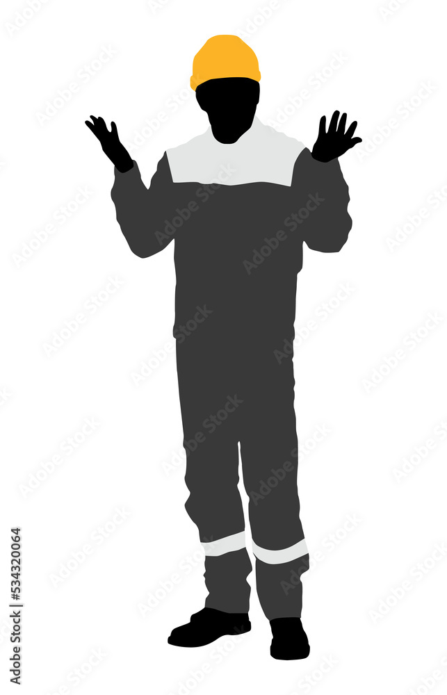 Silhouette of worker with a helmet. A worker holding a sign. Vector flat style illustration isolated on white Silhouette of worker with a helmet. A worker holding a sign. Vector flat style illustration isolated on white