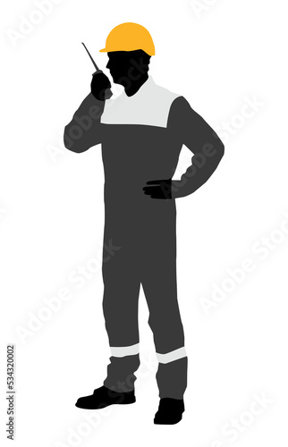 Silhouette of worker with a helmet. А worker with a walkie-talkie. Vector flat style illustration isolated on white	