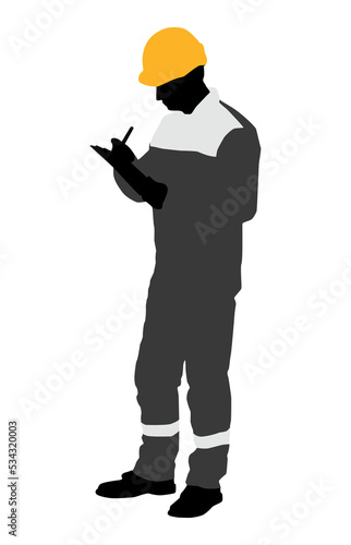 Silhouette of worker with a helmet. A worker holding a clipboard. Vector flat style illustration isolated on white. Full length view	