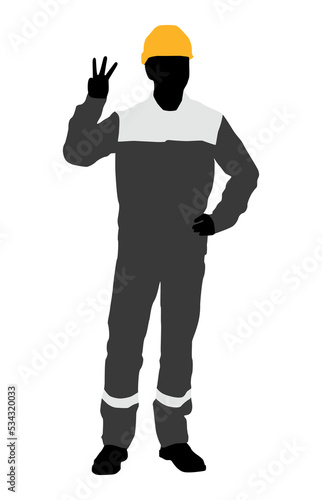 Silhouette of worker with a helmet. A worker shows three fingers. Vector flat style illustration isolated on white. Full length view