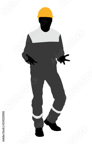 Silhouette of worker with a helmet. A worker holding a sign. Vector flat style illustration isolated on white	