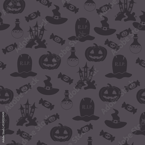 Vector Halloween pattern with candy,grave,Halloween pumpkin,witch hat,castle,potion flask.Use for event invitation,discount voucher,advertising,greeting card,logo,packaging,textile,web.