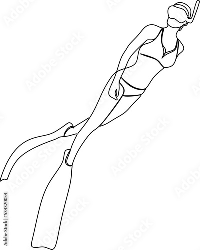 Continuous single one drawn scuba diver line underwater in the sea. The concept of sport is a journey of scuba diving.