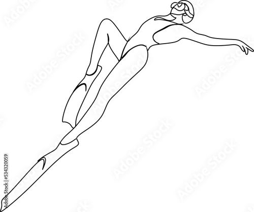 Continuous single one drawn scuba diver line underwater in the sea. The concept of sport is a journey of scuba diving.