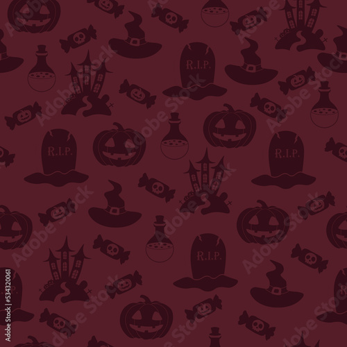 Vector Halloween pattern with candy,grave,Halloween pumpkin,witch hat,castle,potion flask.Use for event invitation,discount voucher,advertising,greeting card,logo,packaging,textile,web.