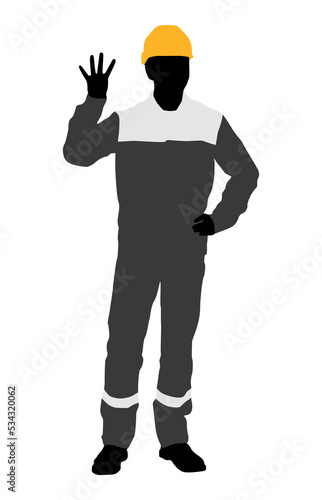 Silhouette of worker with a helmet. A worker shows four fingers. Vector flat style illustration isolated on white. Full length view