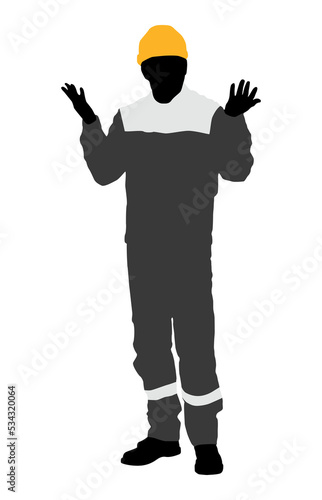 Silhouette of worker with a helmet. A worker holding a sign. Vector flat style illustration isolated on white	