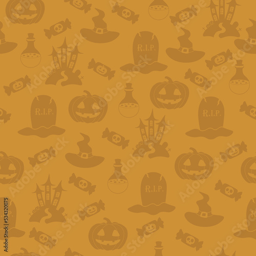 Vector Halloween pattern with candy,grave,Halloween pumpkin,witch hat,castle,potion flask.Use for event invitation,discount voucher,advertising,greeting card,logo,packaging,textile,web.