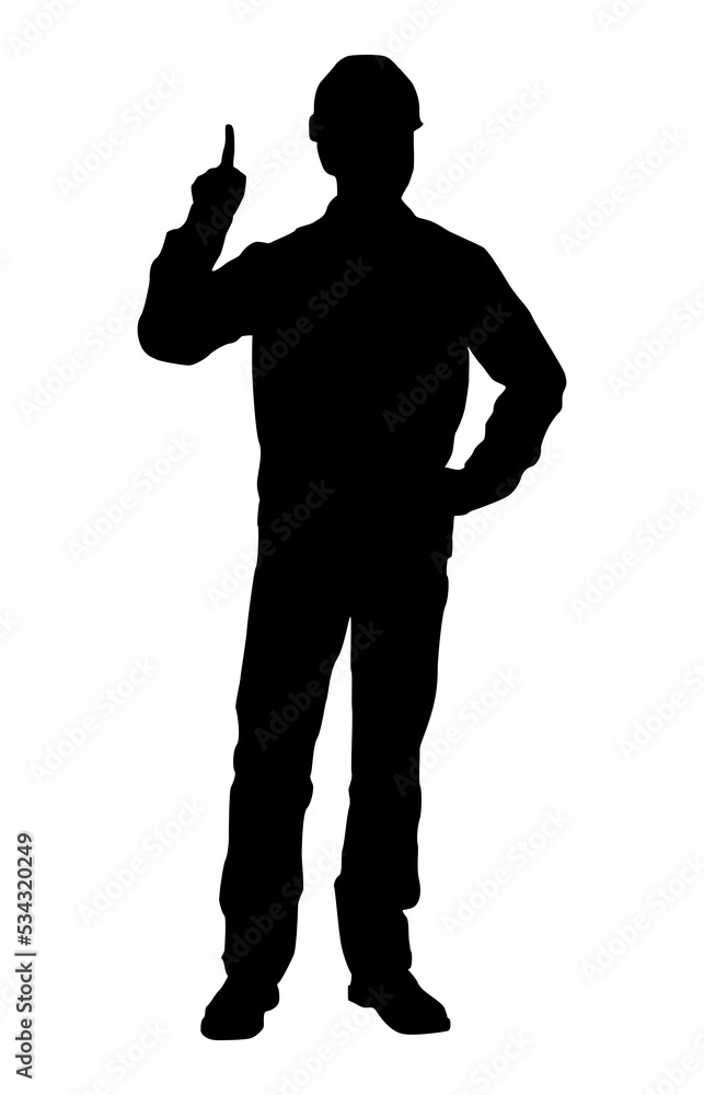 Silhouette of worker with a helmet. A worker holding a sign. Vector flat style illustration isolated on white Silhouette of worker with a helmet. A worker holding a sign. Vector flat style illustration isolated on white