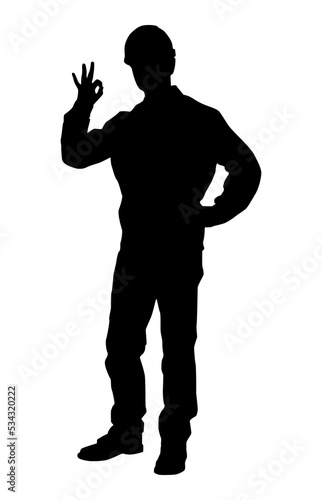 Silhouette of worker with a helmet. A worker holding a sign. Vector flat style illustration isolated on white	