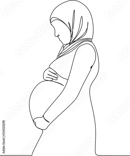 Continuous line drawing of pregnant muslim woman vector illustration
