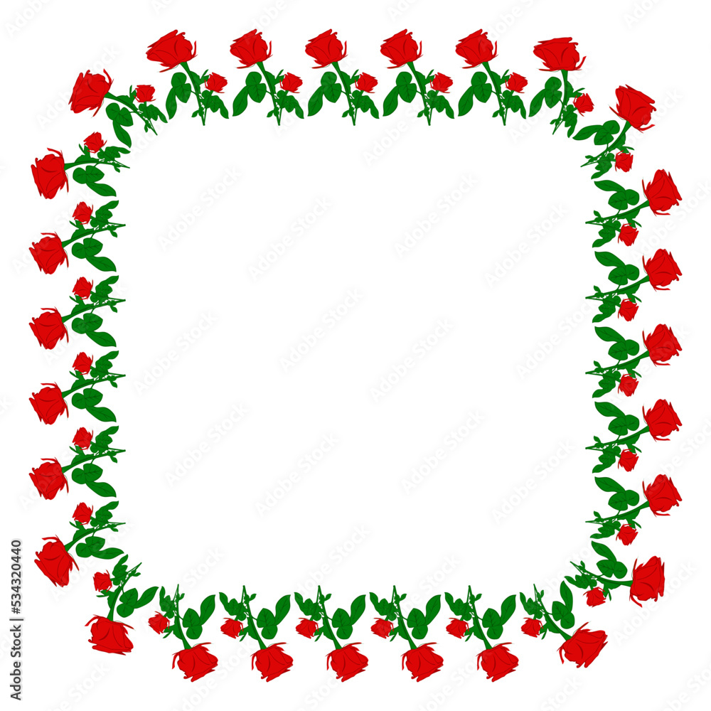 Floral frame in the shape of a square. Red Rose flower square frame. Flowers ornament, decorative frame, floral ornament, decorative elements, spring, flowers, buds, leaf, plants, floral decor. Rose v Floral frame in the shape of a square. Red Rose flower square frame. Flowers ornament, decorative frame, floral ornament, decorative elements, spring, flowers, buds, leaf, plants, floral decor. Rose v