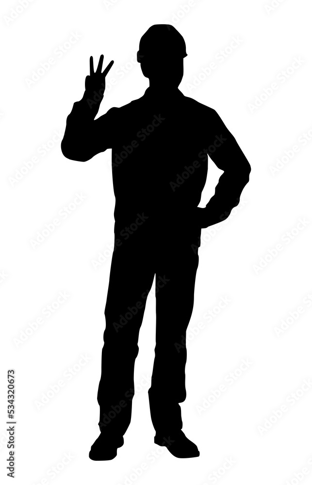 Silhouette of worker with a helmet. A worker shows three fingers. Vector flat style illustration isolated on white. Full length view