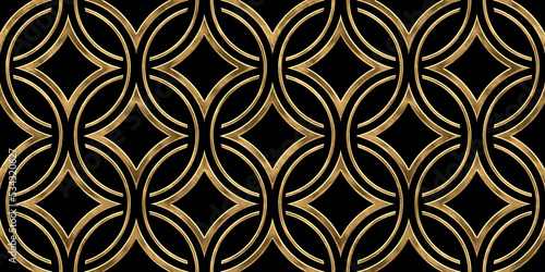 Wallpaper Mural Seamless golden Art Deco circle and diamond ornamental wallpaper pattern. Vintage abstract gold plated relief sculpture on black background. Elegant luxurious backdrop. High resolution 3D rendering. Torontodigital.ca