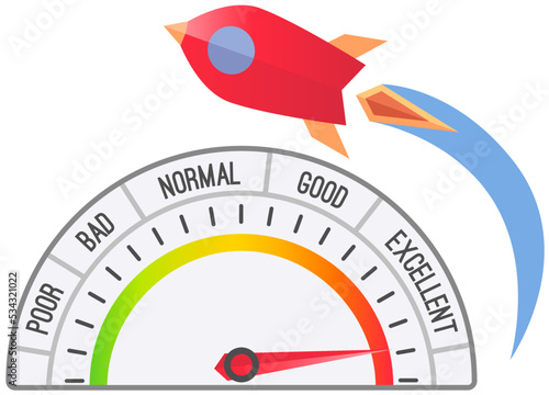 Rocket takes off into sky at high jet speed. Vector illustration spaceship and speedometer flat design. Rocket launch and fire flame, space ship startup, spacecraft liftoff cartoon development icon