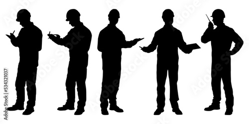 Silhouettes set of workers with helmets. Vector flat style illustration isolated on white