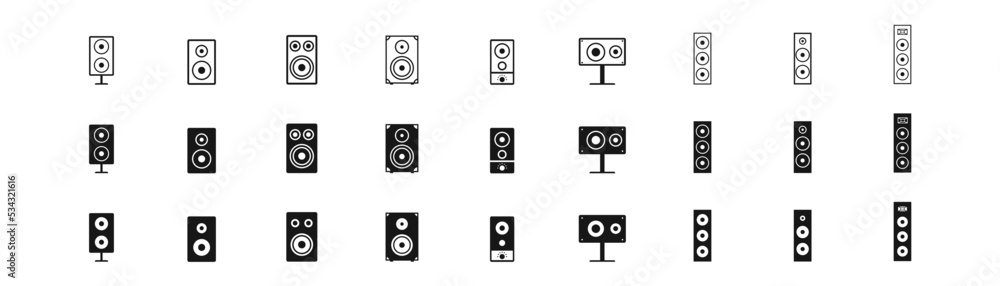 Acoustic speakers icon set. Subwoofer, monitor signs. Sound concept. Music symbols. Acoustic speakers icon set. Subwoofer, monitor signs. Sound concept. Music symbols.