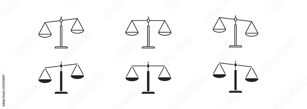 Justice scale icon set. Equilibrium concept. Measure signs. Legal law symbol.