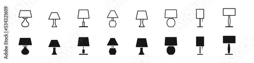 table pamp icon set, lightning symbol, desktop object,  different interior elements, decor  concept
