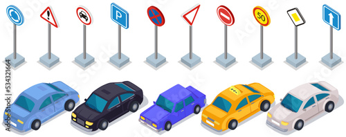 Set of cars and different road signs. Technical means of road safety, standardized graphic pattern for traffic control. Colored automobiles, vehicles near traffic signs isolated on white background