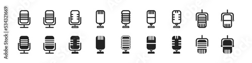 microphone icon set on white background, podcast symbol, different microphones collection, silhouette, sound sign, speak icon, modern design