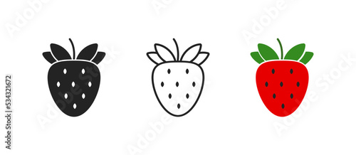Icon set of strawberry on white background. Cocktail and smoothie element. Flat simple design. Conception of summer. Sign of berry.
