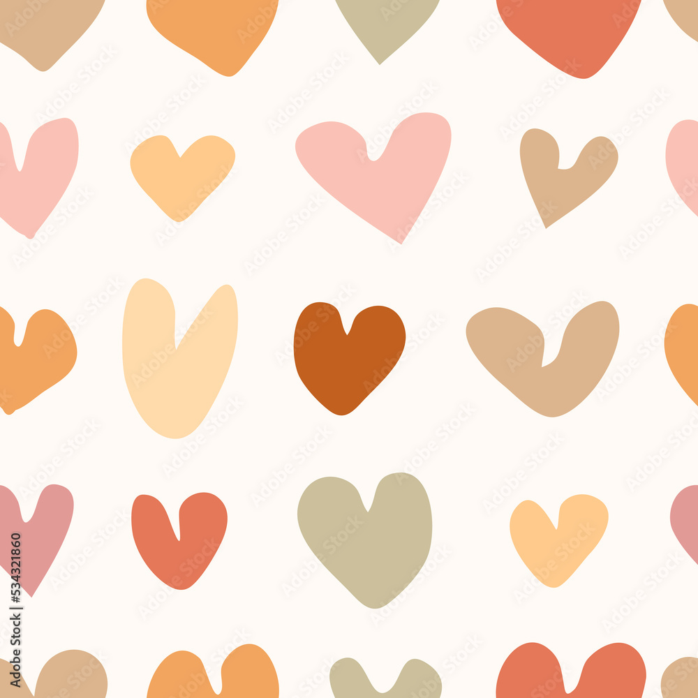 Hand drawn hearts boho seamless pattern. Simple childish love symbols. Vector illustration in flat doodle style for wrapping paper, textile, fabric 