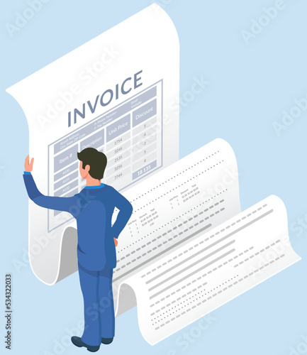 Man stands at paper shop receipt with barcode. Vector shop terminal. Receipt seller forms at online checkout for transfer to buyer or client. Buying financial invoice bill purchasing calculate pay