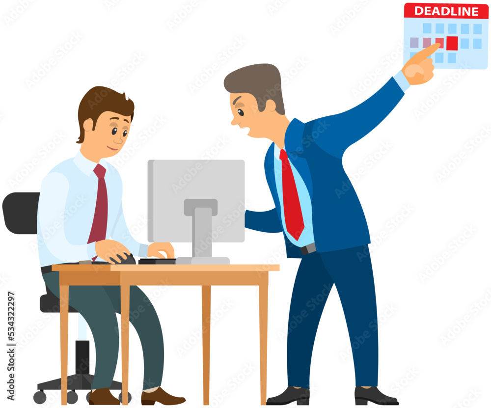 Director scolds scared worker because of deadline, problems at work, time management scandal. Angry boss shouting to employee. Conflict in office between chief and worker, stressed subordinate