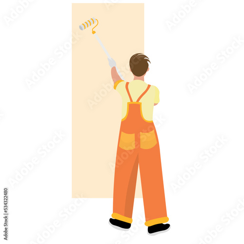 Male worker painting wall on white background