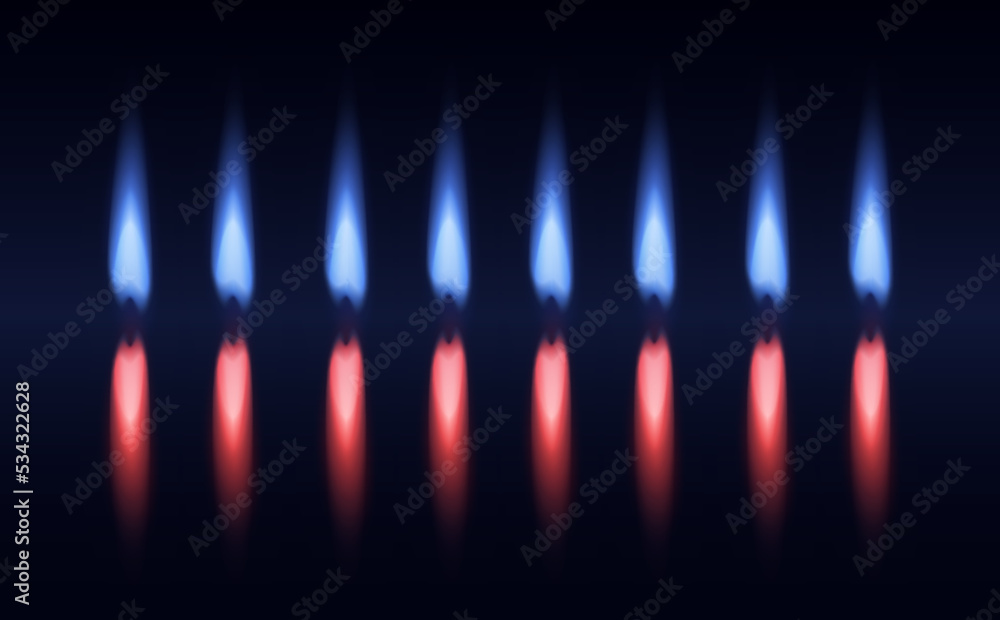 Natural gas flames and red fire. Composition, reflection on blue background. Natural gas flames and red fire. Composition, reflection on blue background.